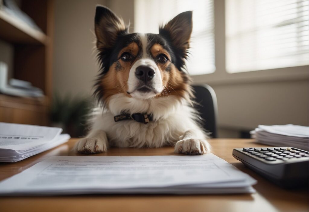 dog in front of tax forms