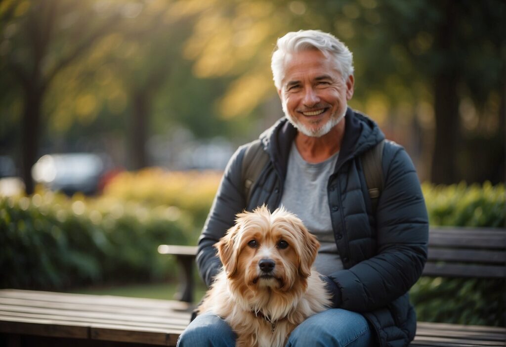 guy holding dog on bench