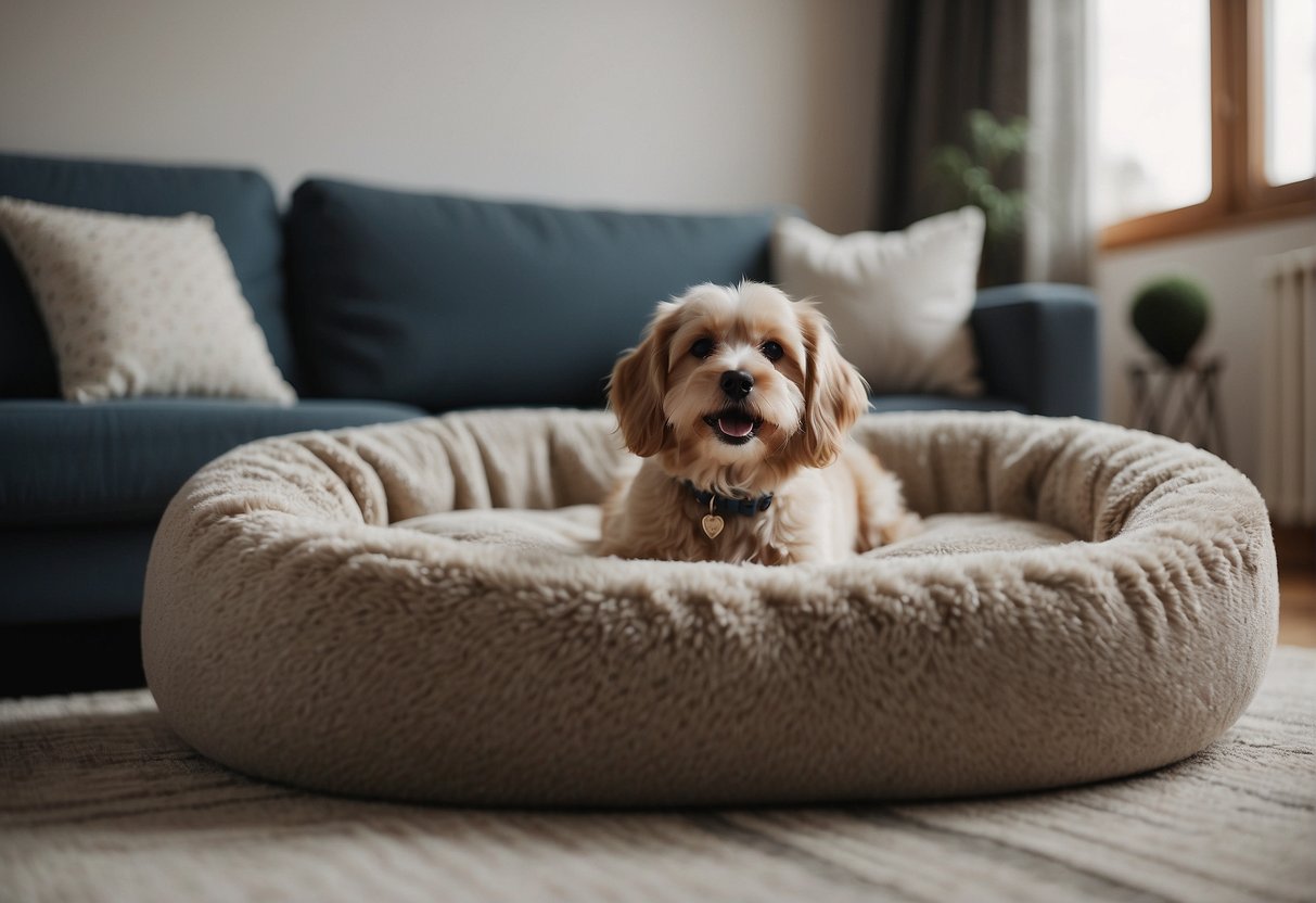 dog in apartment on dog bed