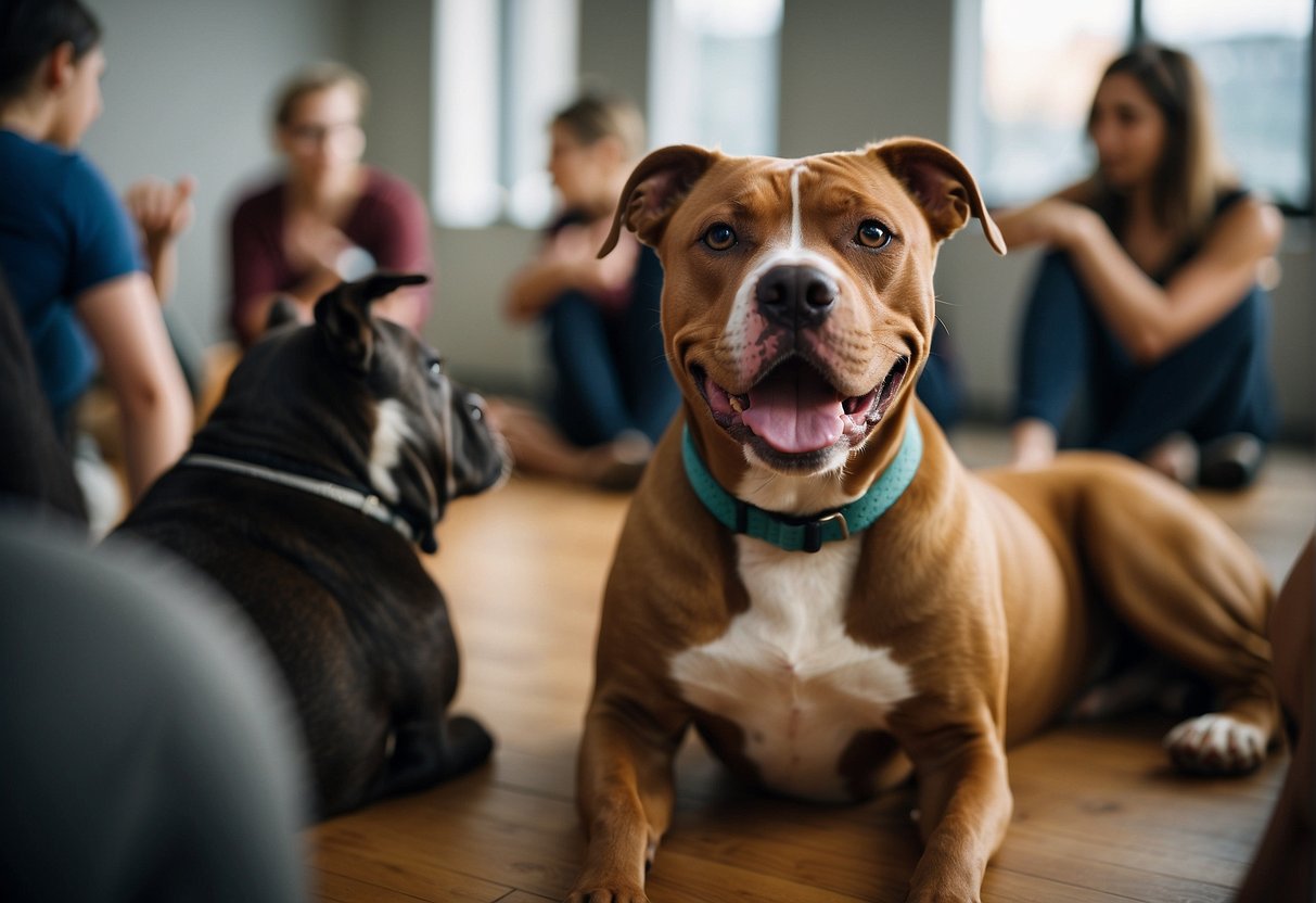 A pitbull sits calmly in a group training class, surrounded by other dogs and their owners. It interacts positively with other animals, showing signs of socialization and potential for emotional support