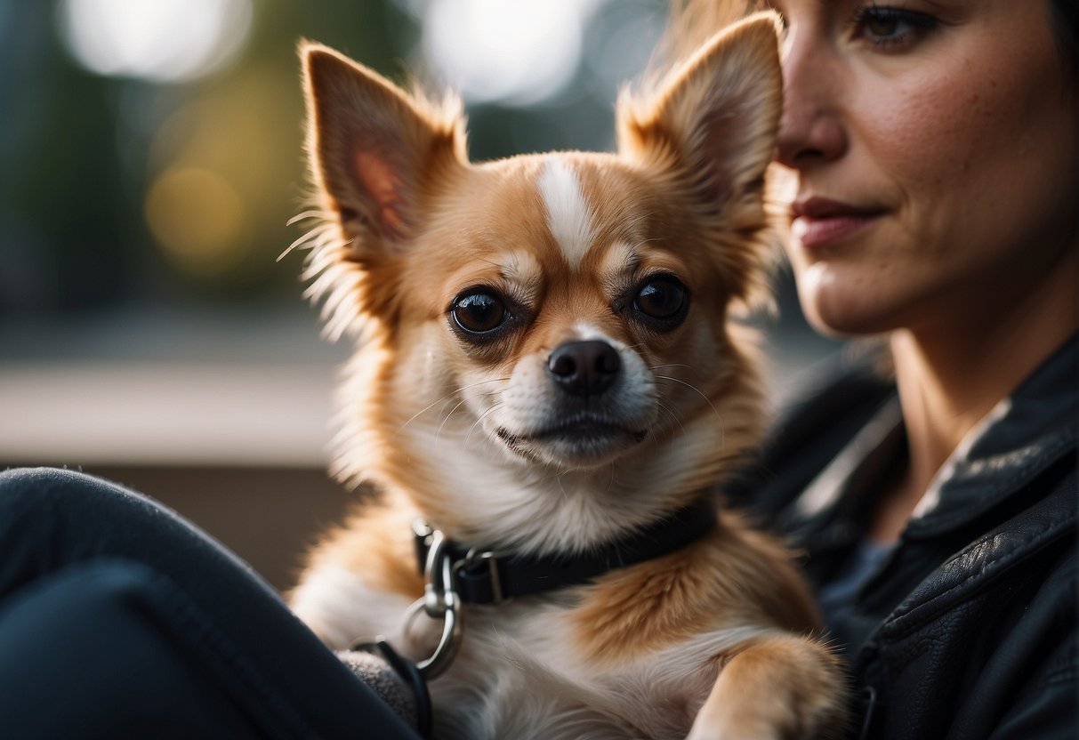 A chihuahua sits calmly beside a person, providing comfort and support with its gentle presence