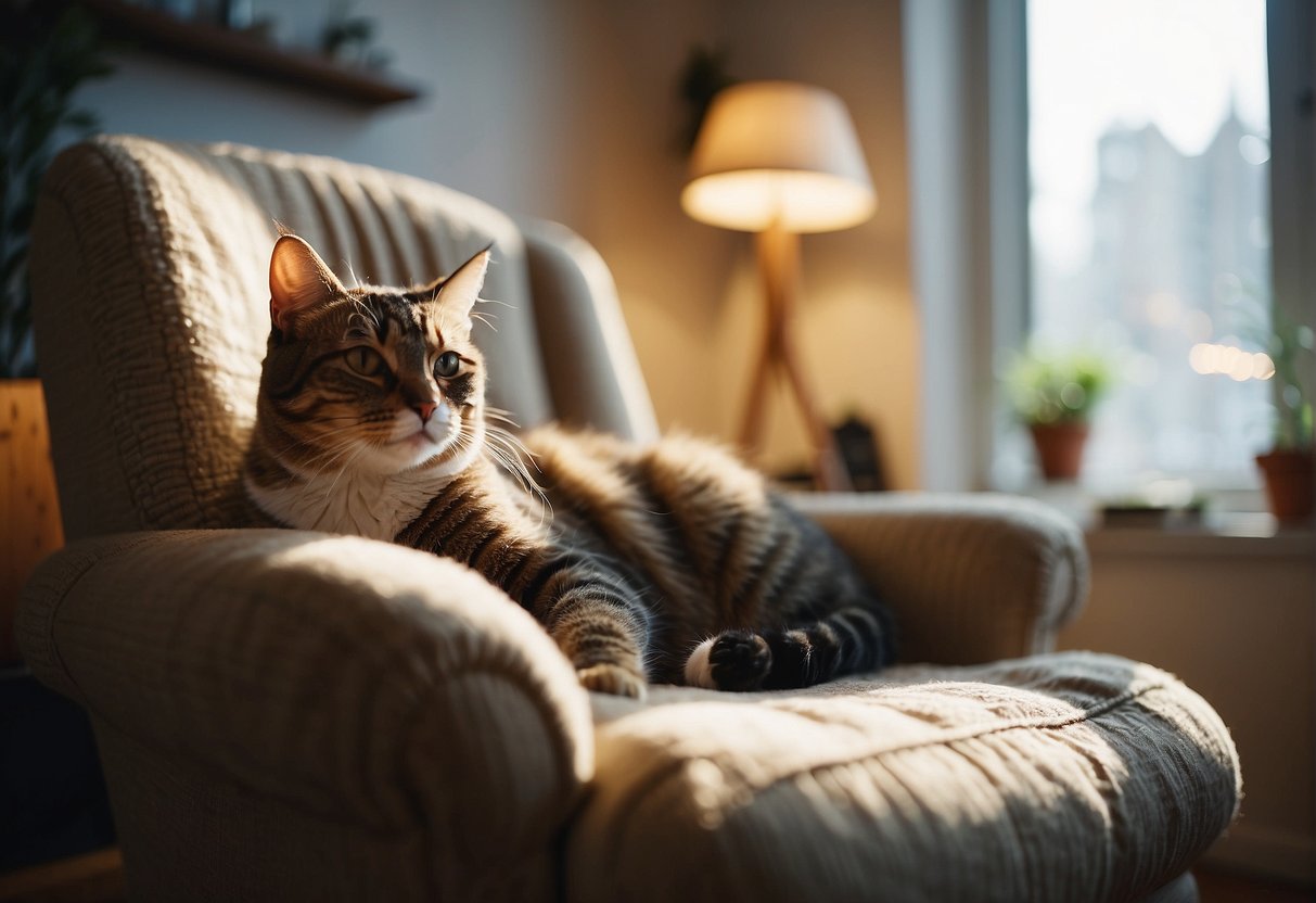 A cozy room with a sunlit window, a comfortable chair, and a contented cat purring in the lap of a relaxed individual