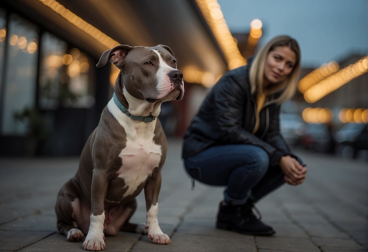 A pitbull sits calmly beside a person, providing comfort and support. The person looks at the pitbull with a sense of relief and gratitude