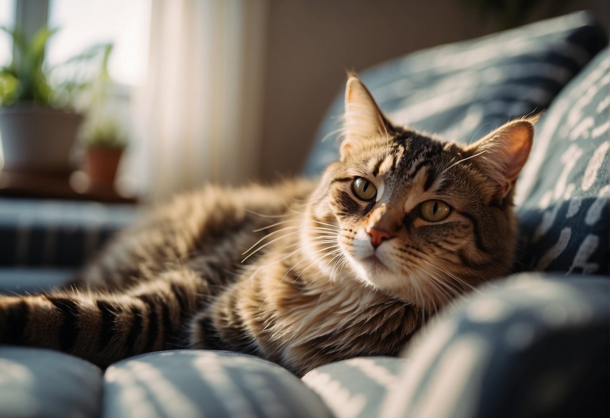 A content cat lounges next to a person, bringing comfort and companionship to someone struggling with depression