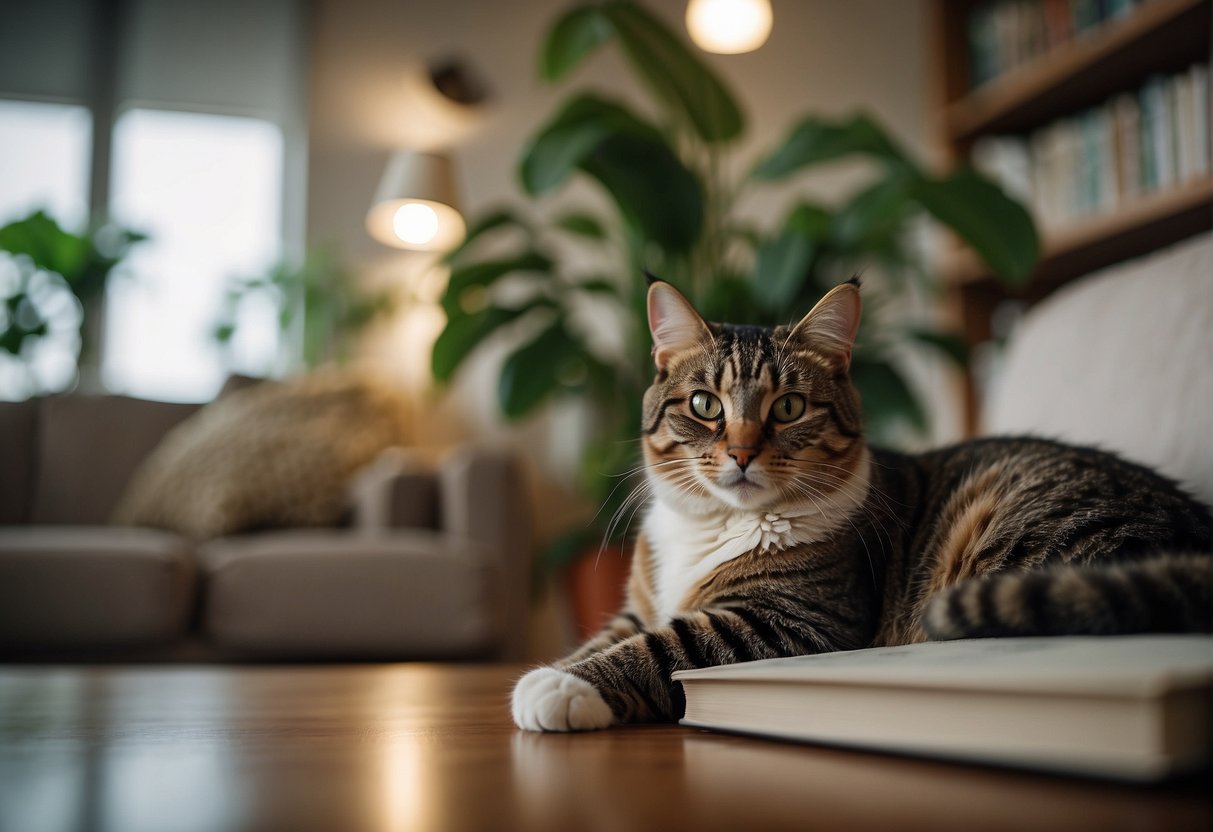 A cozy living room with a cat curled up next to a person, surrounded by books and plants, creating a peaceful and comforting atmosphere