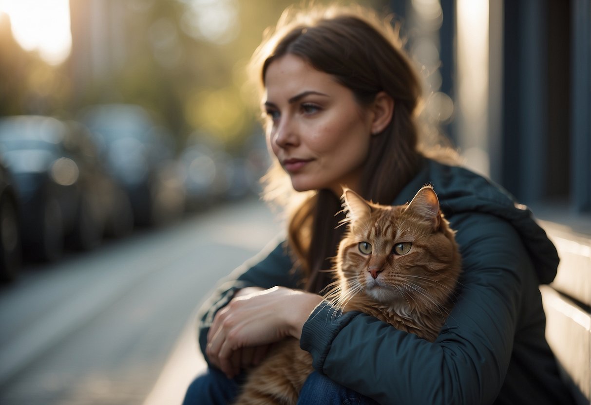 A calm, content cat sits beside a person with a troubled expression, offering comfort and support