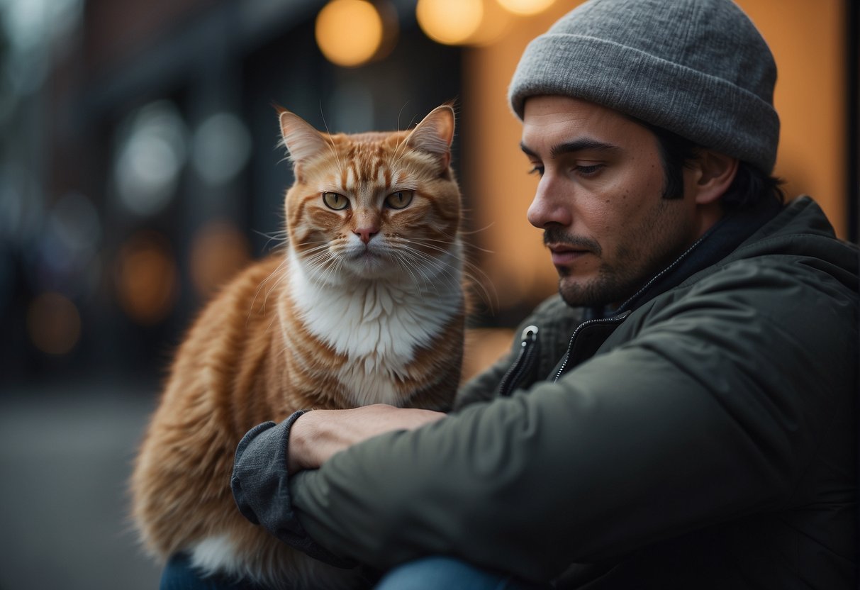 A cat sits calmly beside a person with a troubled expression, offering comfort and companionship