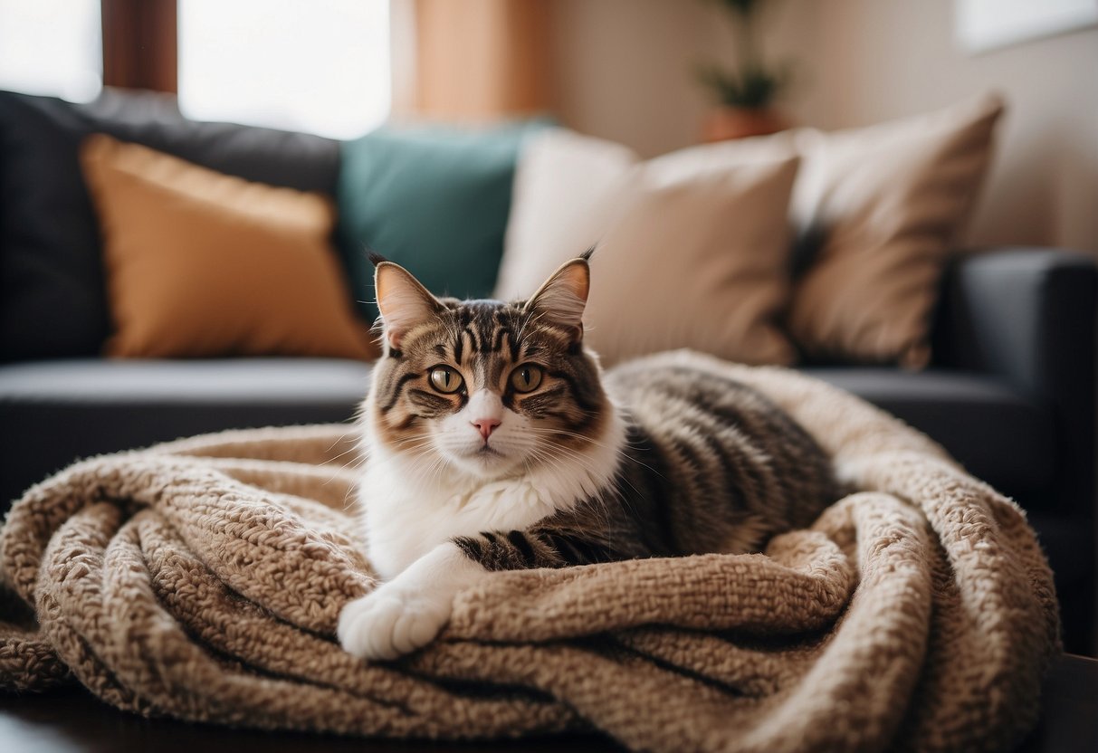 A cozy living room with a cat lounging on a soft blanket, surrounded by pet toys and a calming atmosphere