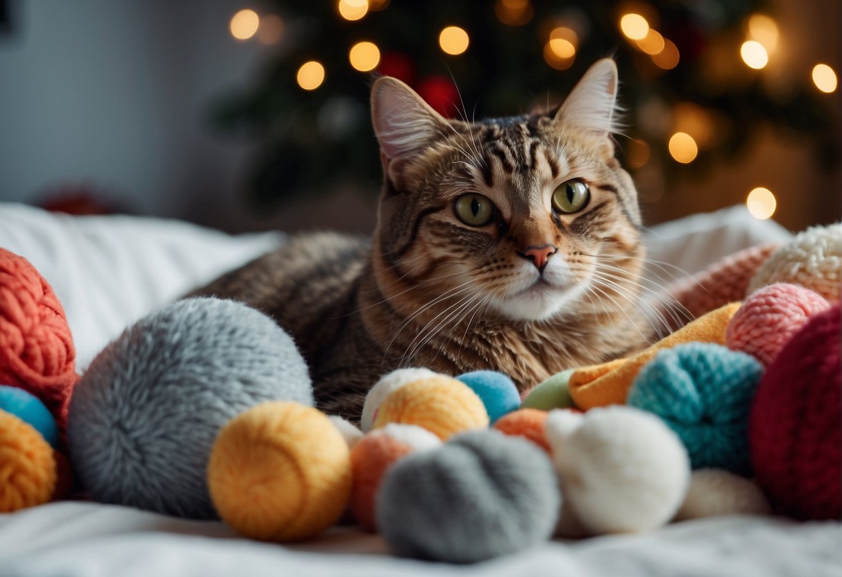 An emotional support cat sitting calmly, surrounded by toys and cozy blankets, while being gently petted by a caring owner