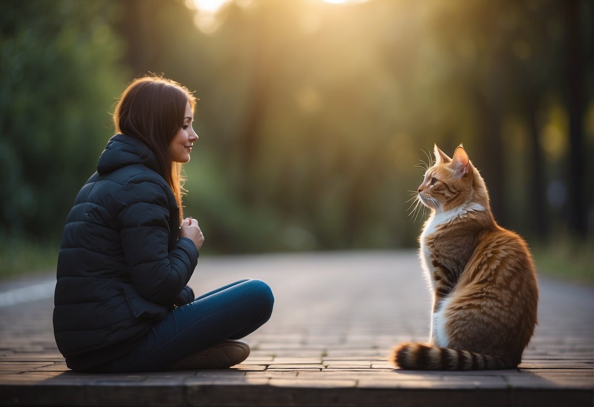 A cat sits calmly beside a person, offering comfort. It responds to cues and performs tasks to aid its owner's emotional well-being