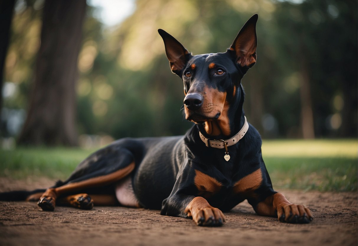 A doberman sits calmly beside a person, offering comfort and support with its attentive gaze and comforting presence