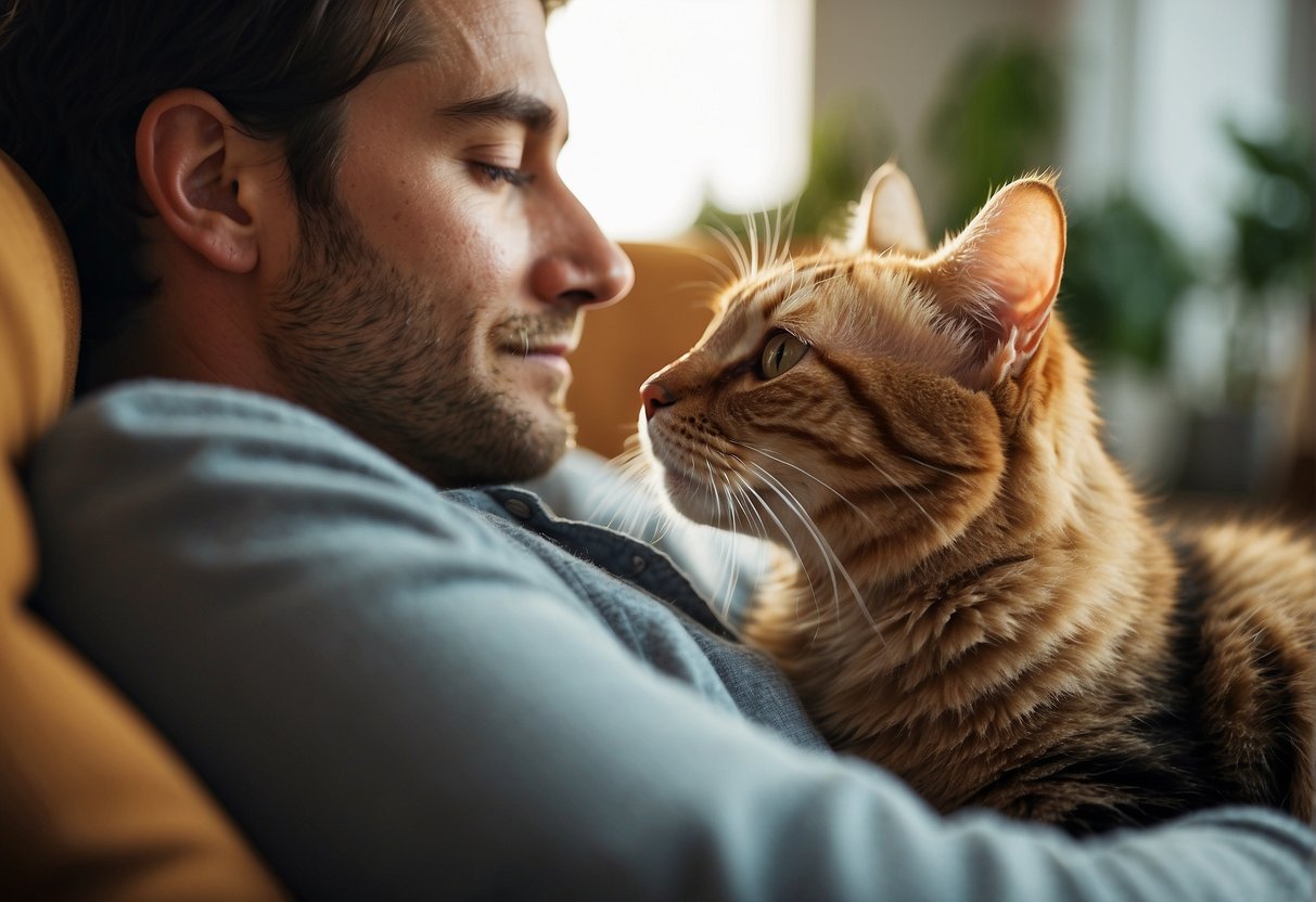 A cat nuzzles its owner's face, purring as they sit together on a cozy couch. The owner gently strokes the cat's fur, creating a sense of calm and connection between them