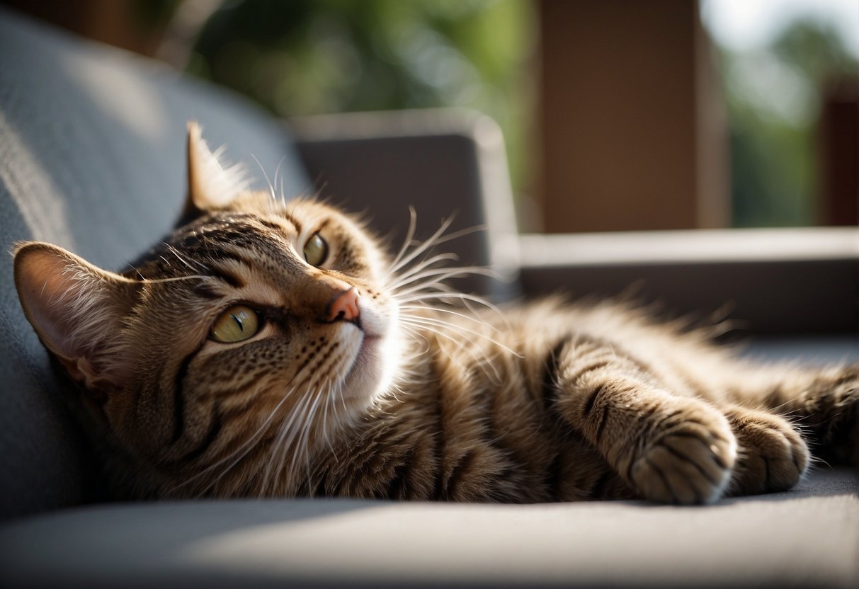 A contented cat lounges beside its owner, providing comfort and companionship