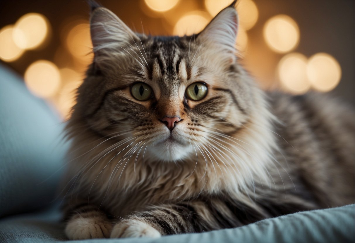 An emotional support cat sits on a fluffy cushion, surrounded by calming colors and soft lighting. A gentle expression on its face conveys comfort and companionship
