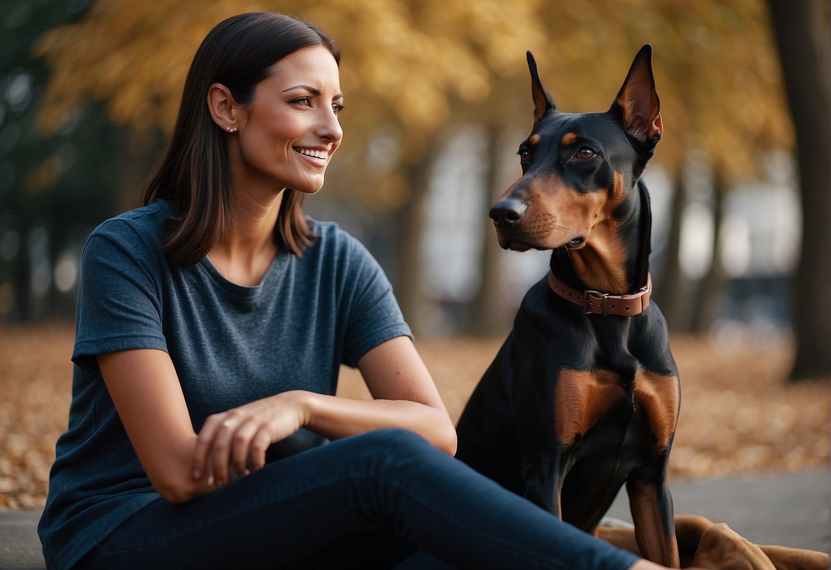 A Doberman ESA sits calmly beside its owner, offering comfort and support with a gentle gaze and attentive posture