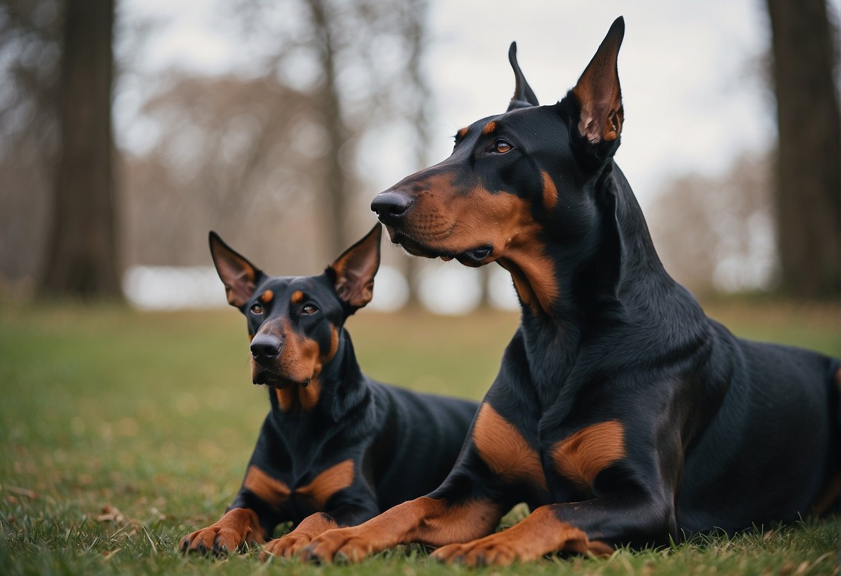 A Doberman sits calmly beside a person, providing emotional support with a gentle gaze and a relaxed posture