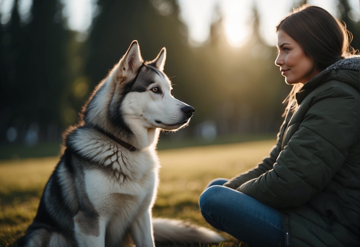 A husky sits calmly beside a person, offering comfort with its gentle presence. Its alert eyes convey empathy and understanding