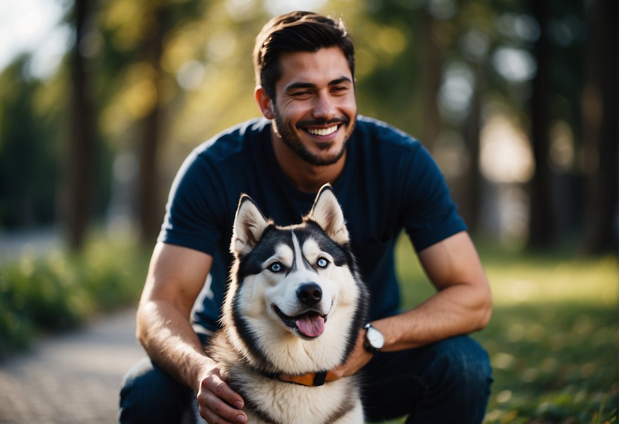 A husky sits calmly next to its owner, providing emotional support. The owner looks relieved and happy