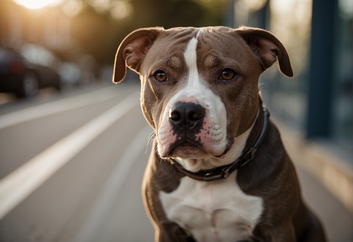 A pitbull sits calmly beside a person, offering comfort and support with a gentle gaze and a relaxed posture