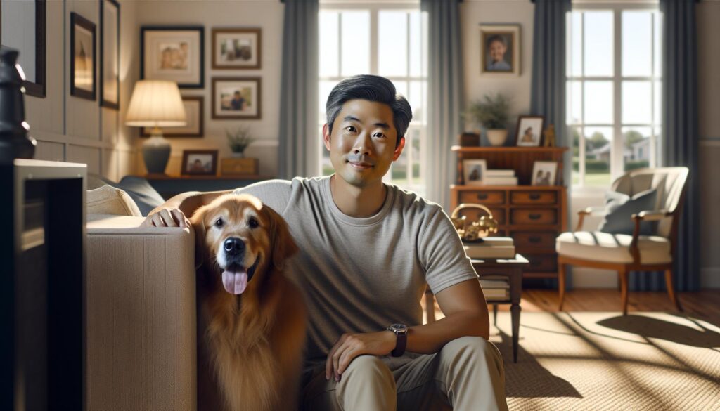 asian guy with esa dog at home