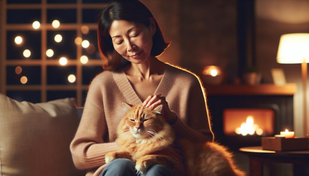 asian woman with esa cat on couch