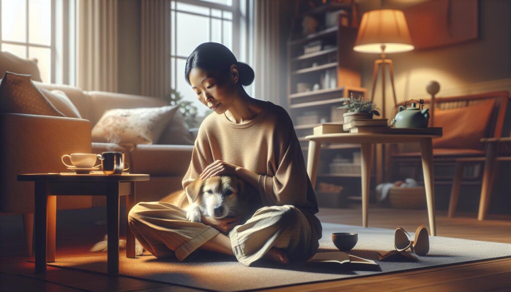 asian woman with esa dog on floor