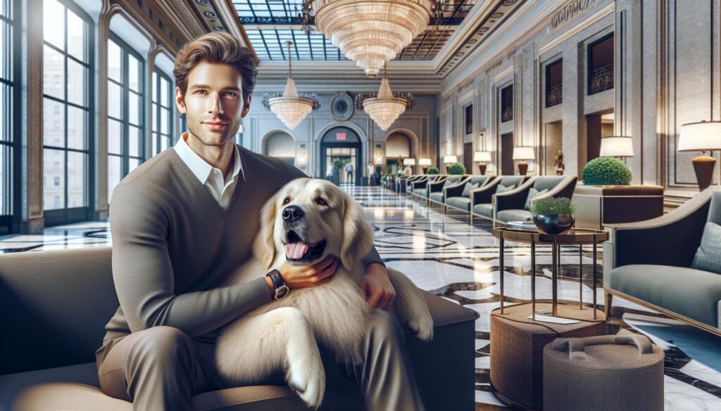 man in hotel lobby with dog