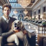 man in hotel lobby with dog