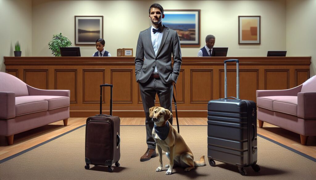 man with esa dog at hotel checkin