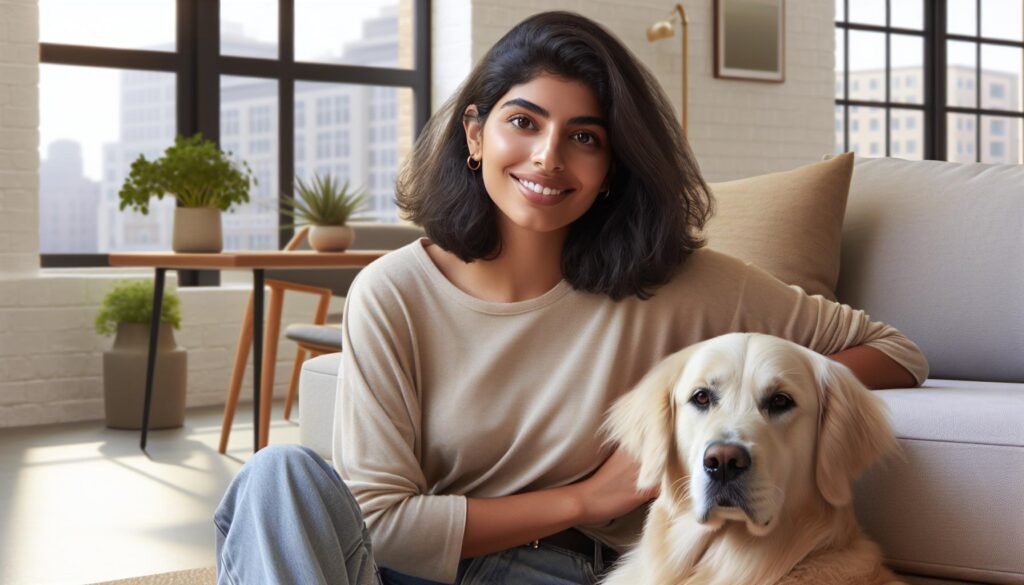 woman with esa dog by couch