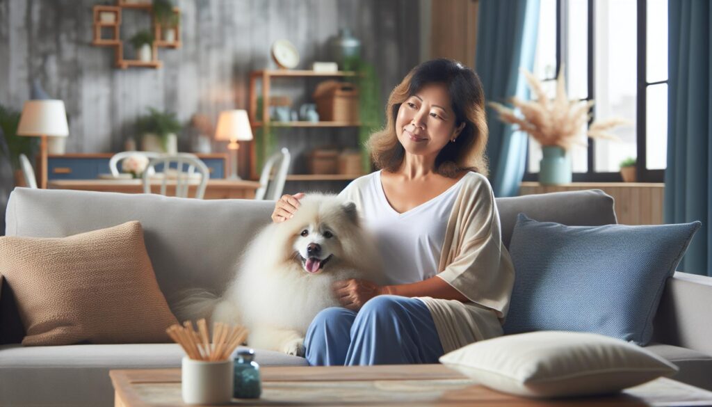 woman with esa pomeranian on couch