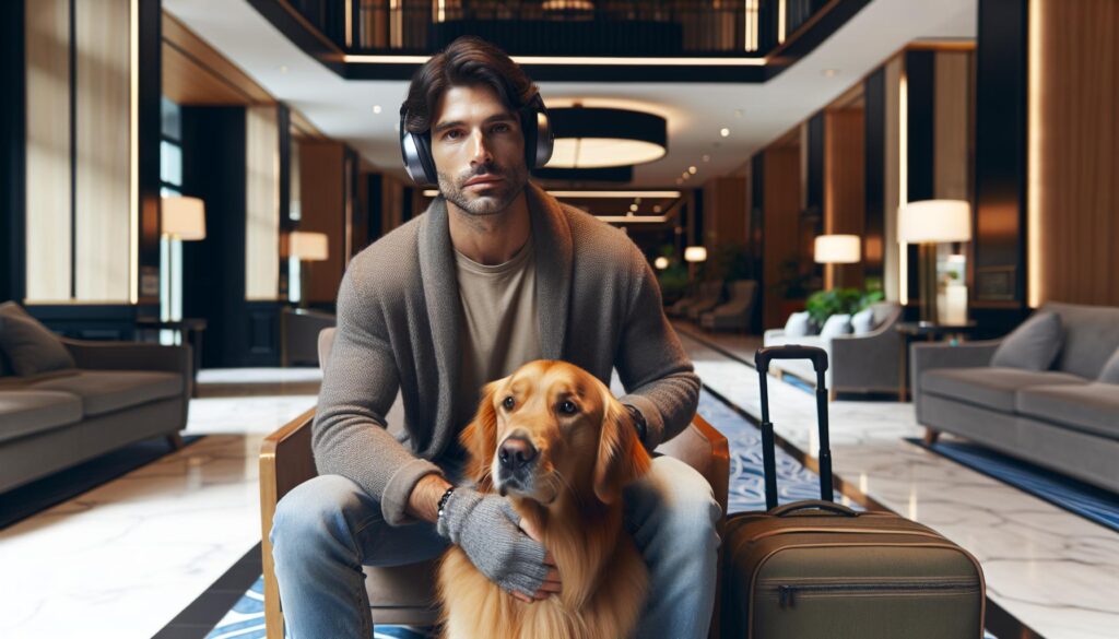 young guy with esa dog in hotel lobby