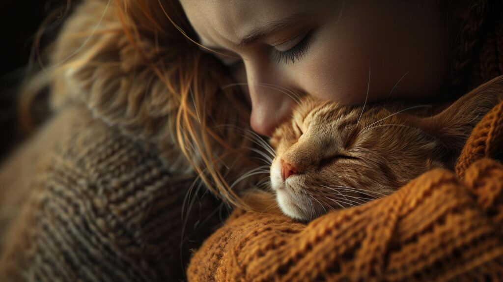 woman hugging esa cat