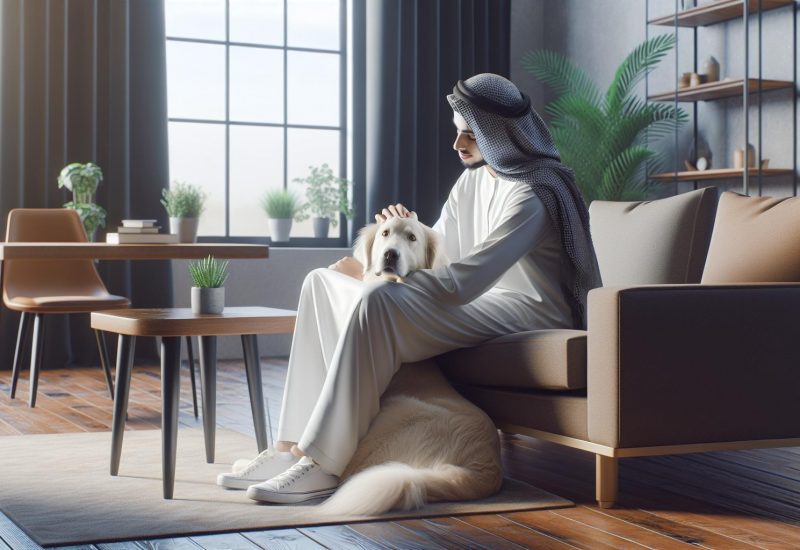 arab guy with esa dog in home arab guy with esa dog in home