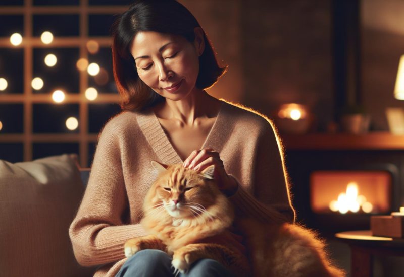asian woman with esa cat on couch