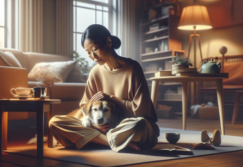 asian woman with esa dog on floor