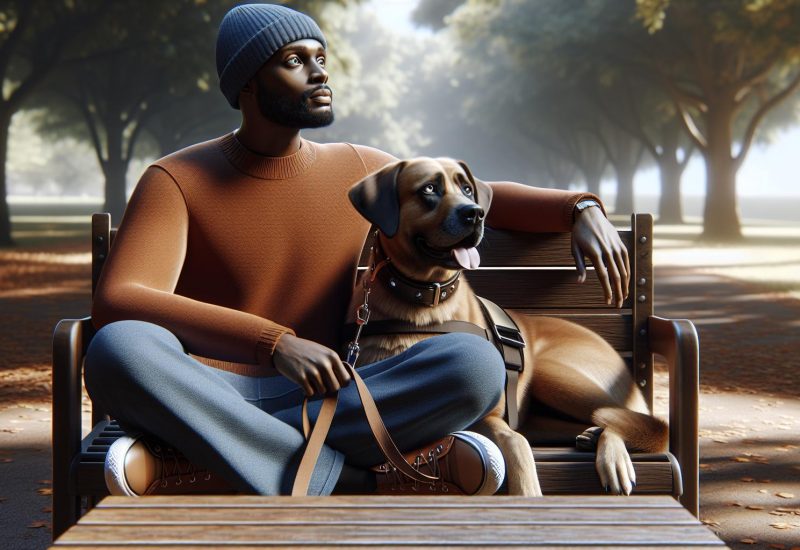 guy on park bench with esa dog guy on park bench with esa dog