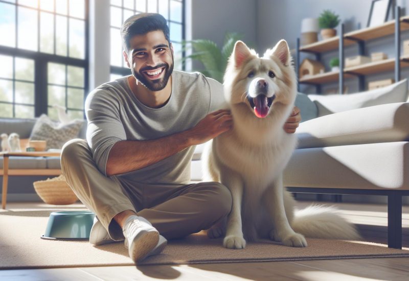 guy with esa dog by couch guy with esa dog by couch