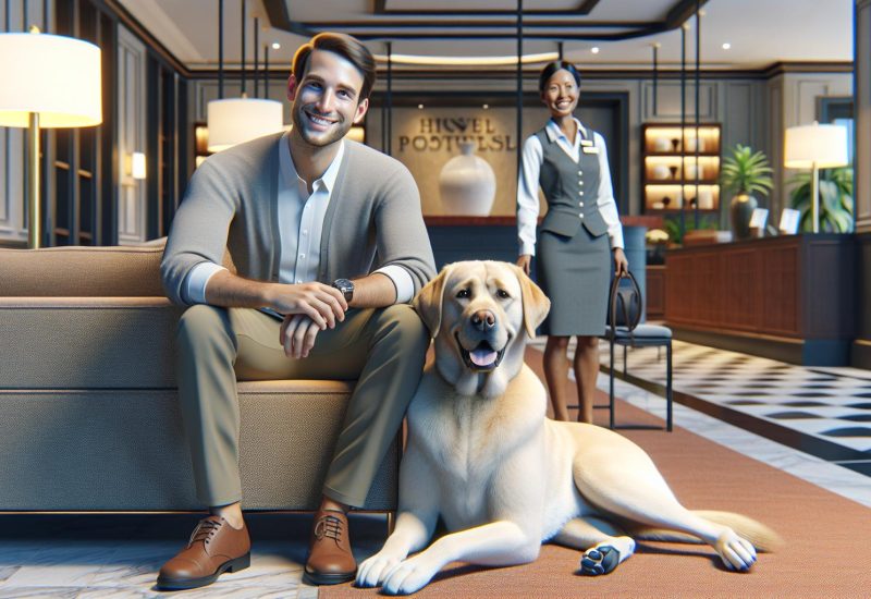 guy with esa dog in hotel lobby chair