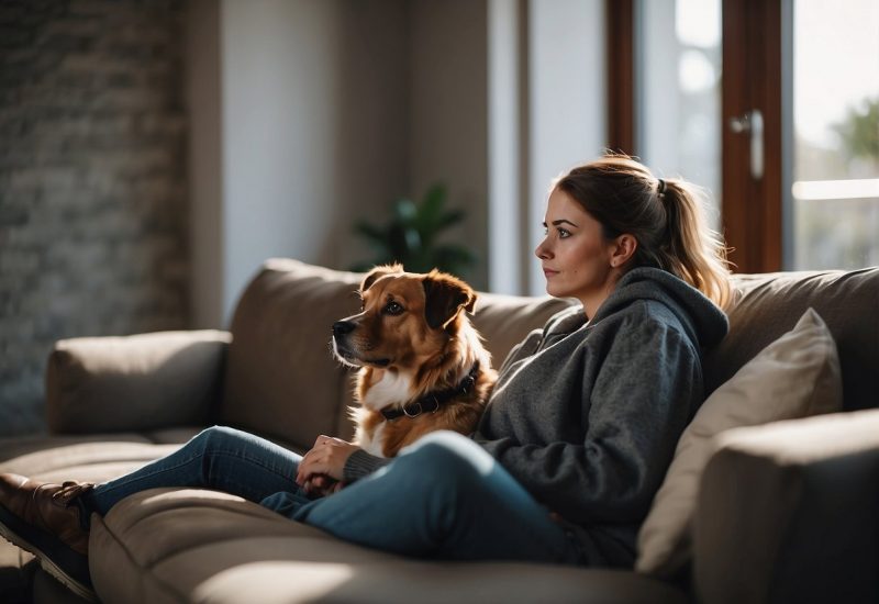 woman on couch with dog woman on couch with dog