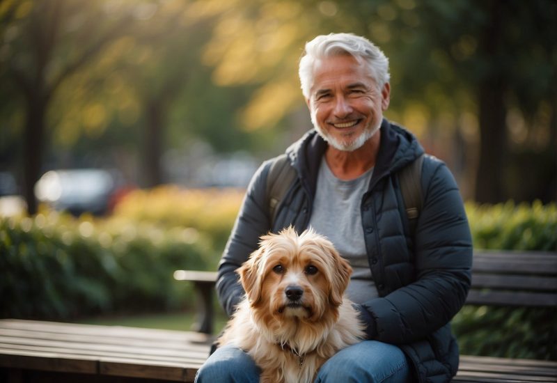guy holding dog on bench guy holding dog on bench