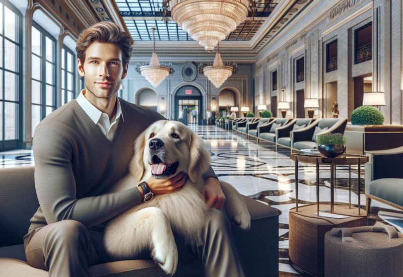 man in hotel lobby with dog