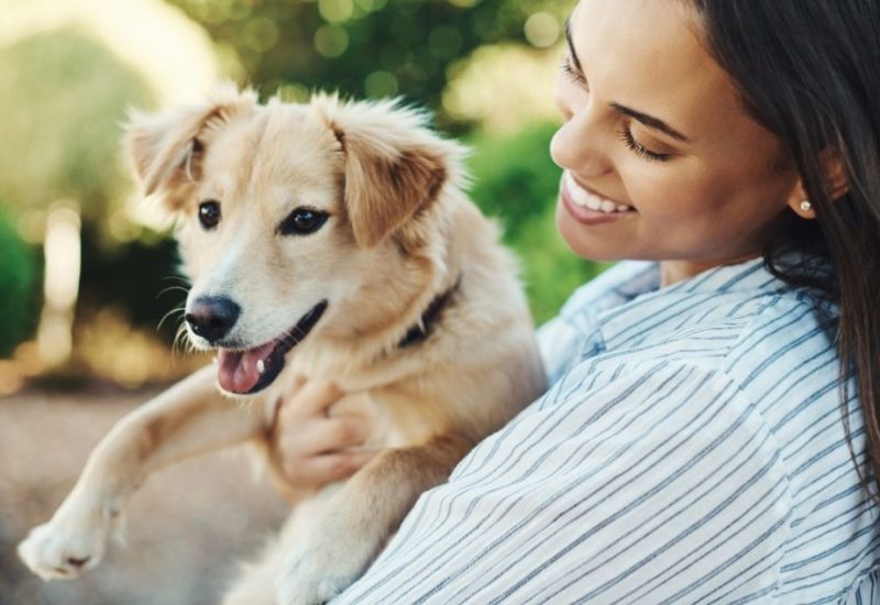 woman holding emotional support dog