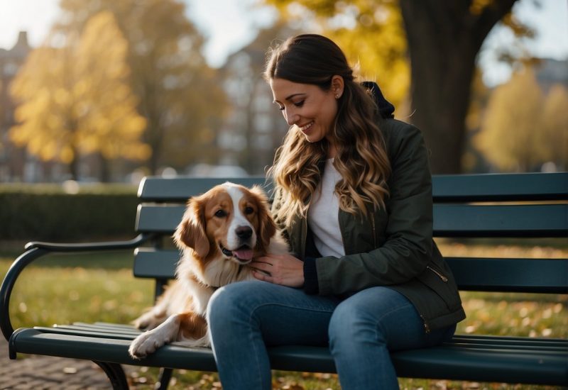 woman on bench with ESA dog woman on bench with ESA dog