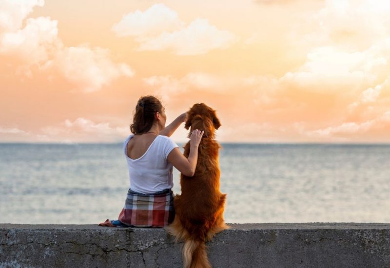 woman with dog at beach